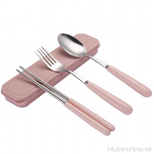 CHQ Portable Flatware Spoon Fork Chopsticks Tableware Set Stainless Steel Dinnerware with Travel Box H033 (Pink) - B0753LRN3W